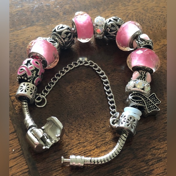 Pink Sterling Silver Bead Charm Breast Cancer Awareness Bracelet - Picture 9 of 12